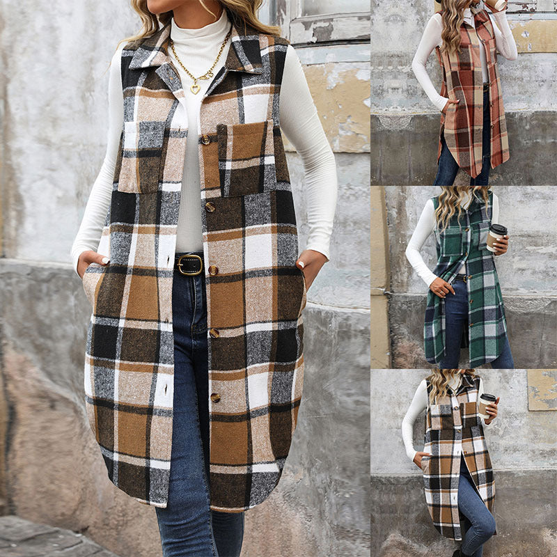 Plaid Button-Up Sleeveless Vest with Pockets