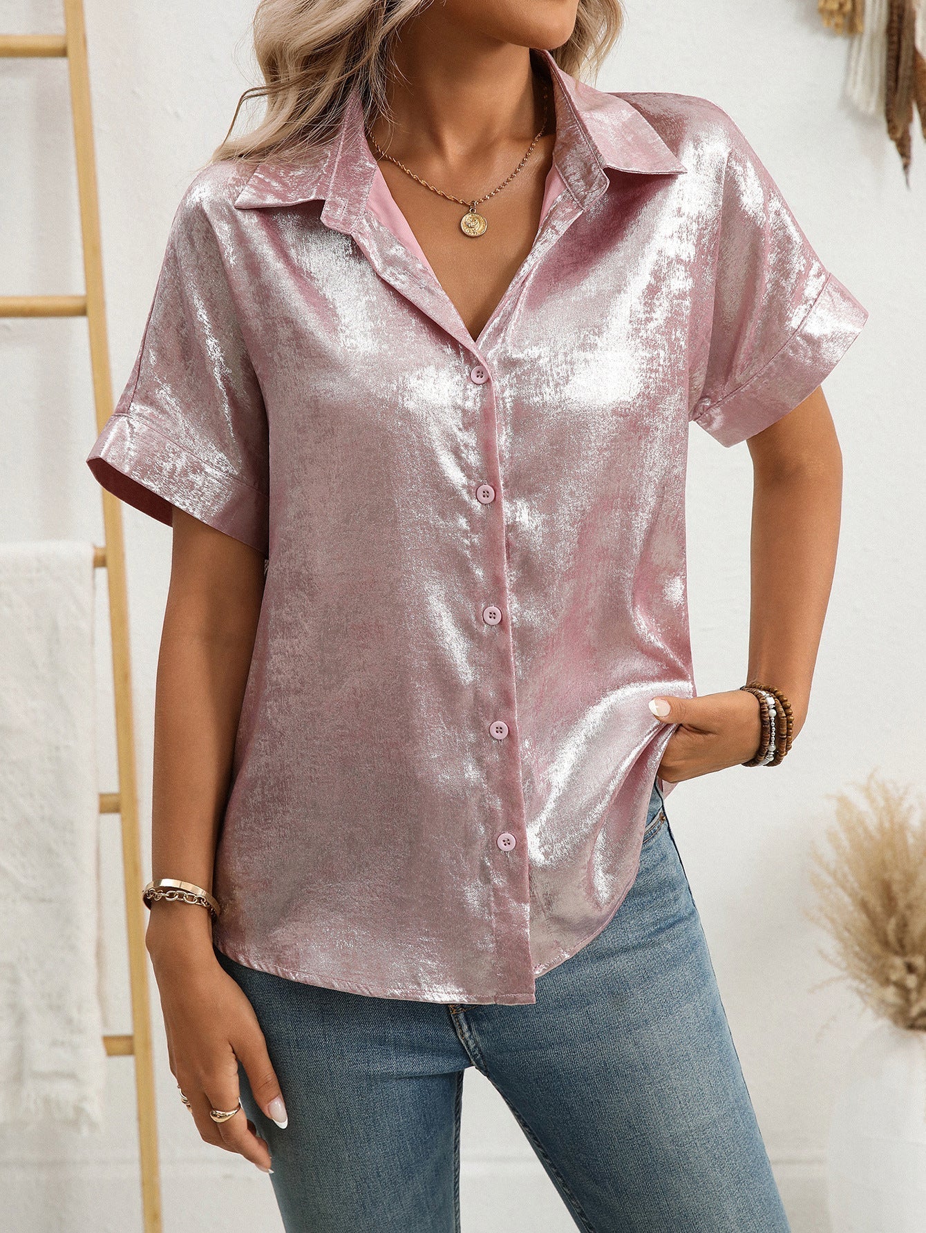 Women's Metallic Collar Short Sleeve Shirt