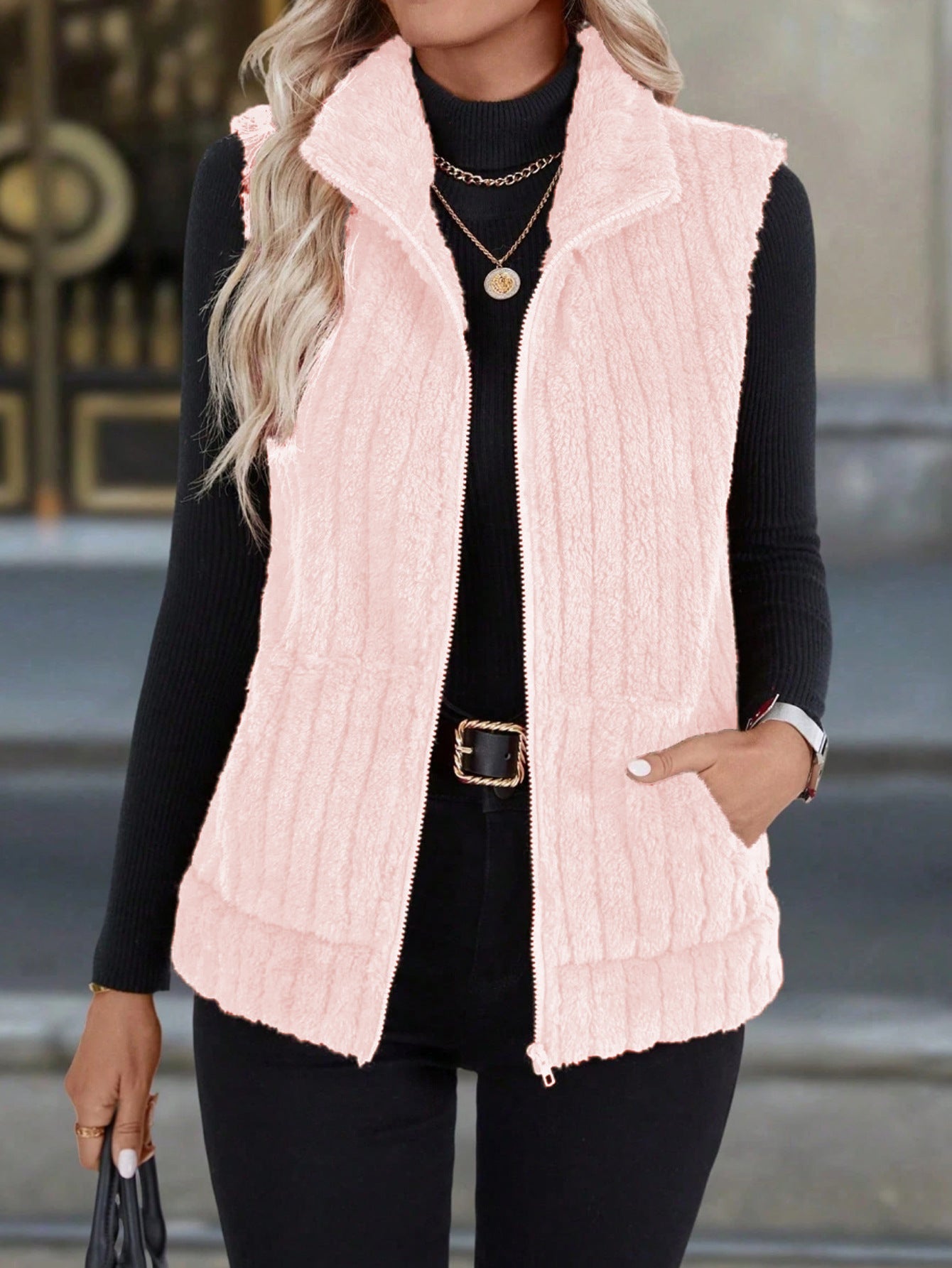 Plaid Zip-Up Fuzzy Vest with Pockets