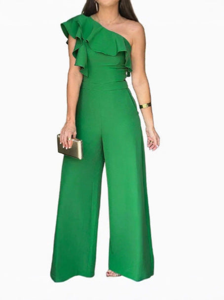 One-Shoulder Ruffle Wide-Leg Jumpsuit