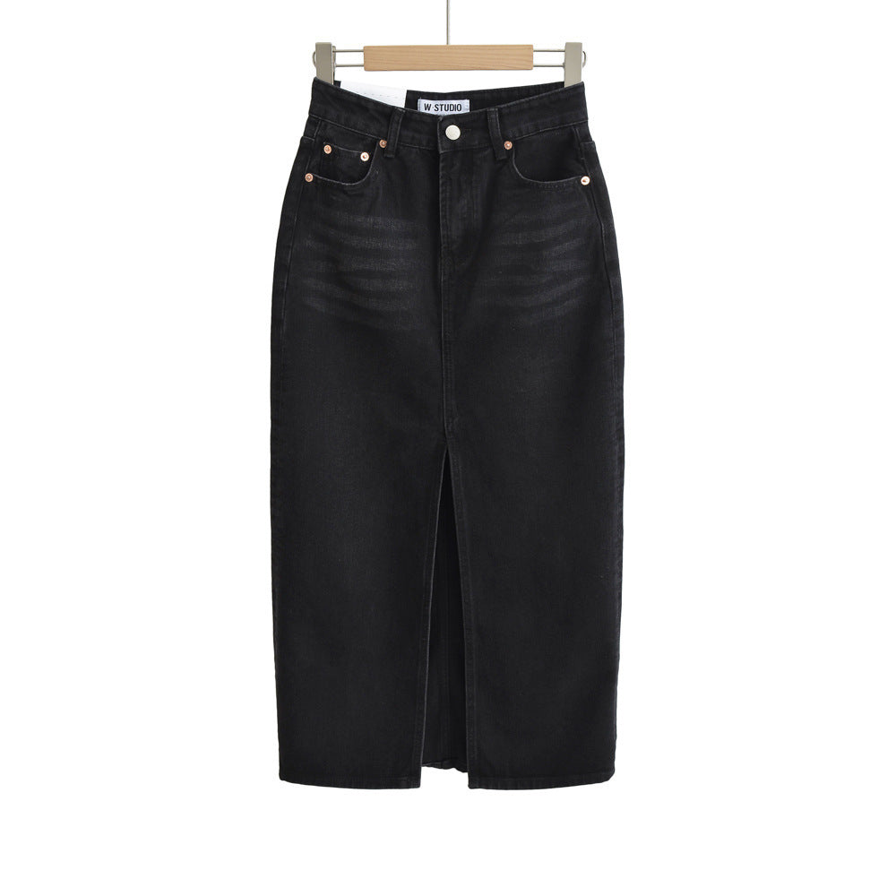 Front Slit Stretch Denim Midi Skirt