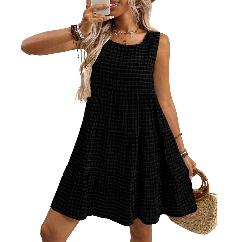 Sleeveless Plaid Chiffon Loose Flow Dress