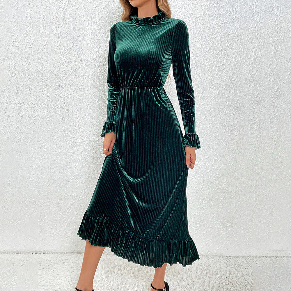 Velvet Long Sleeve Ruffled Midi Dress