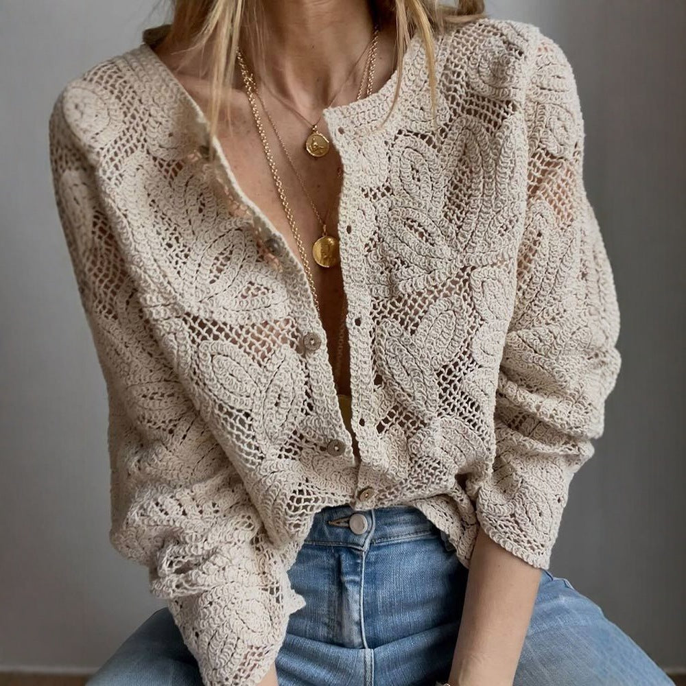 Openwork Knit Button Long Sleeve Top