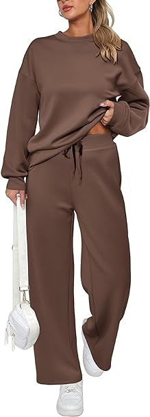 Women’s Two Piece Sweatsuit – Long Sleeve Pullover and Drawstring Wide Leg Pants Set