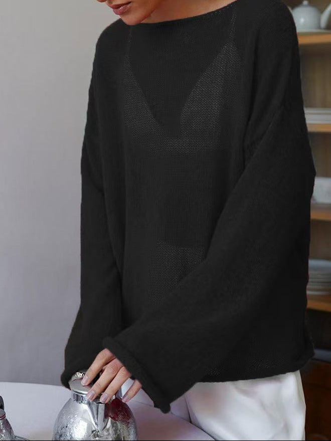 Sheer Hollow Knit Crew Neck Sweater