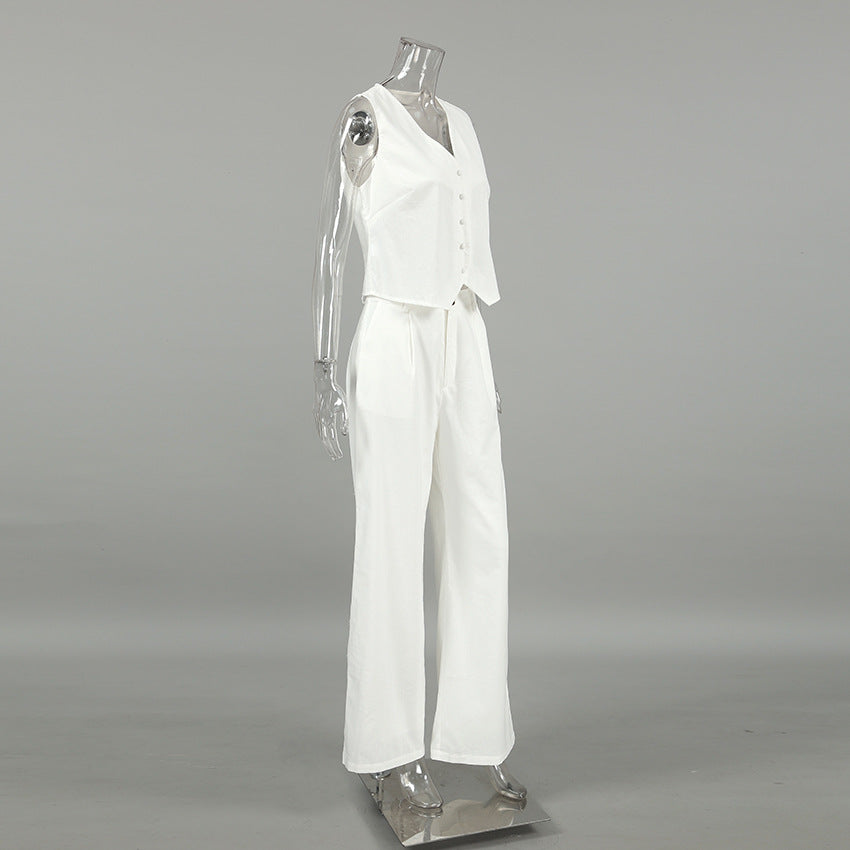 Linen Vest and Wide Leg Pants Two Piece Set