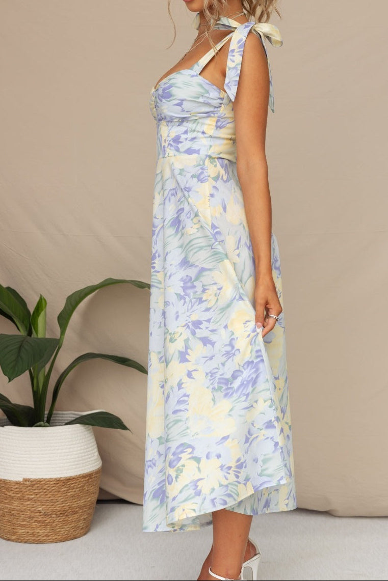 Women V Neck Printed Slim Fit Midi Dress