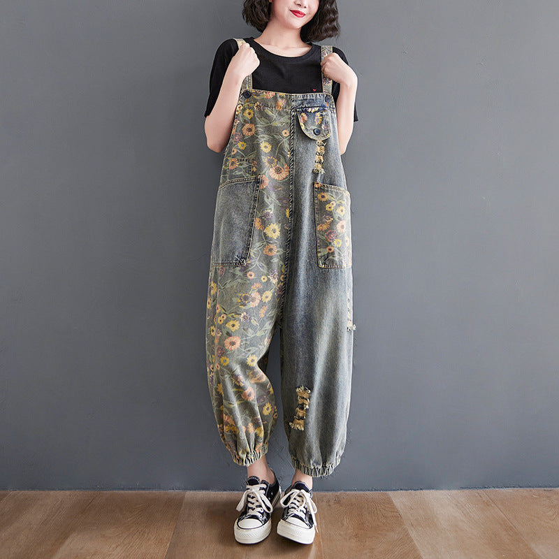 Plus Size Printed Denim Overalls