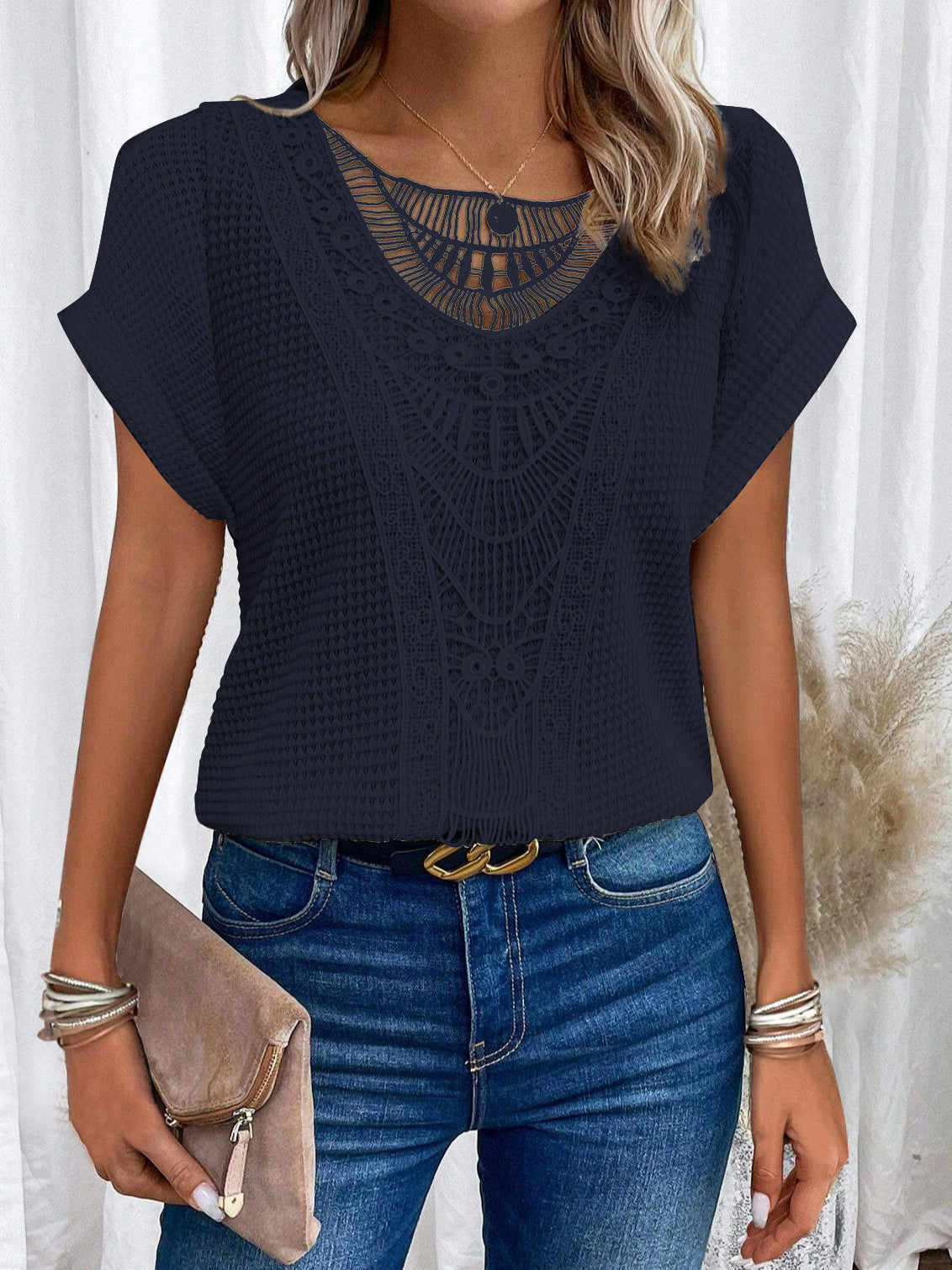 Floral Lace Trim V-neck Short Sleeve Blouse