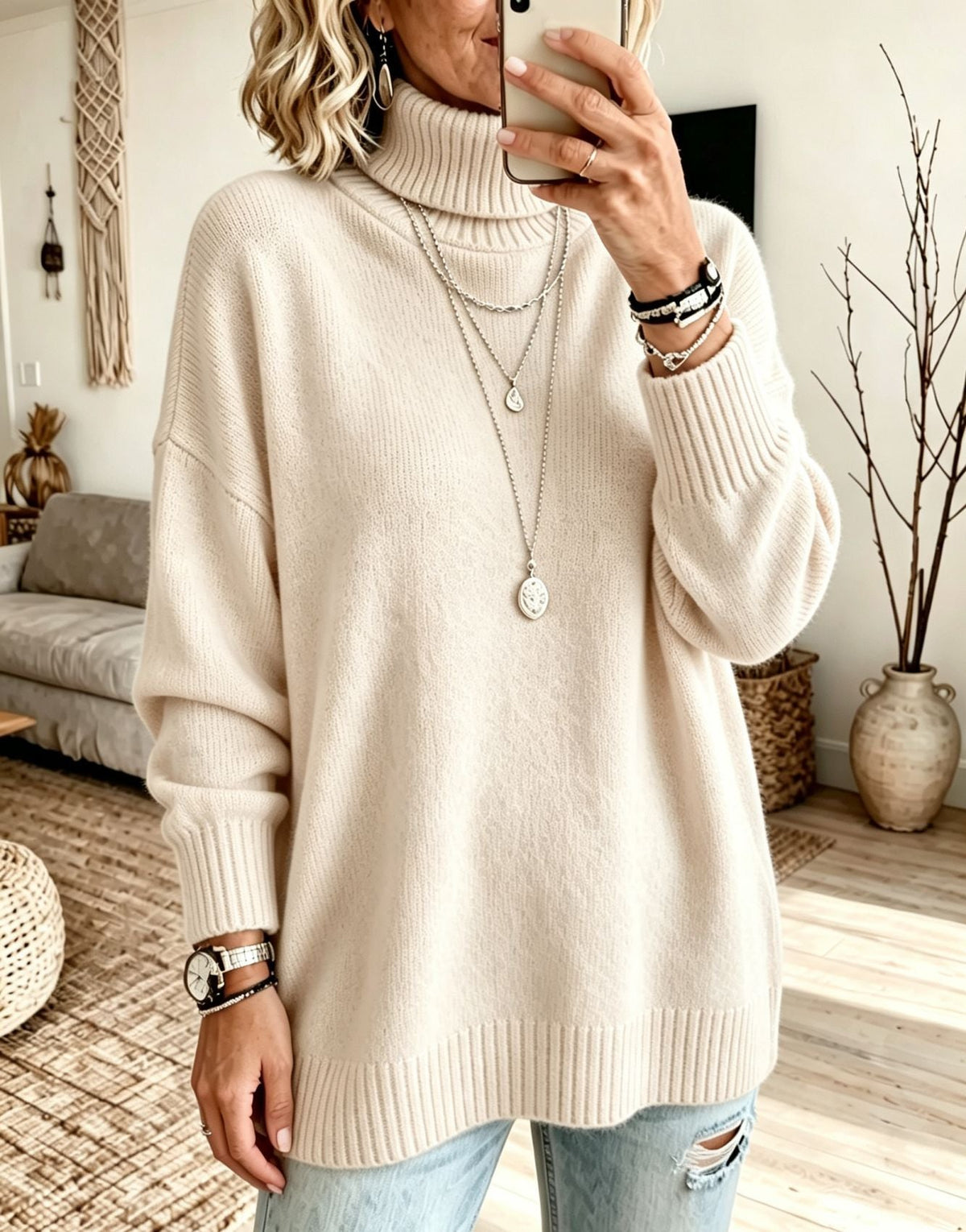 Women's Turtleneck Knit Sweater, Relaxed Fit Long Sleeve Pullover