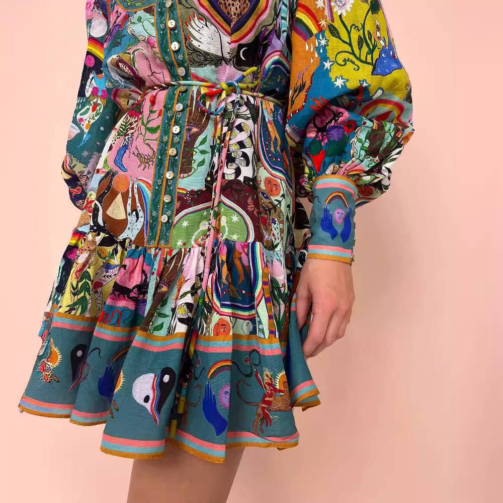 Printed Long Sleeve Tie-Waist Pleated Dress