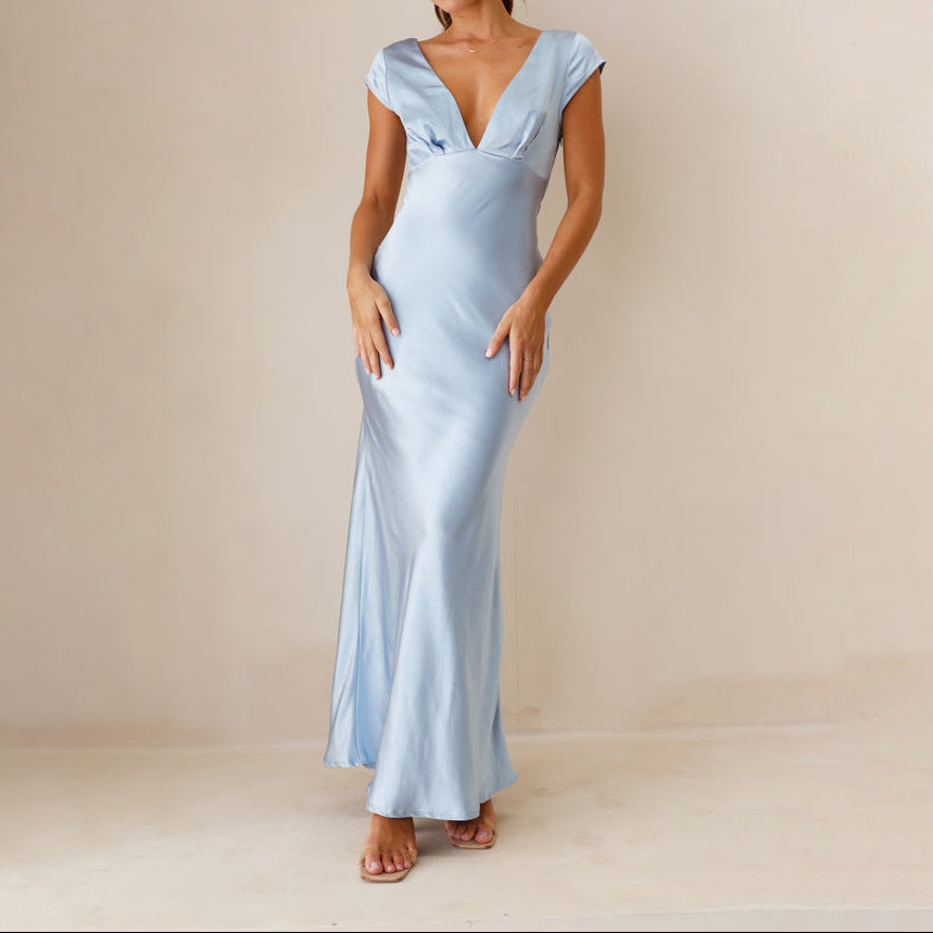 Women Deep V Neck Backless Slim Fit Midi Dress