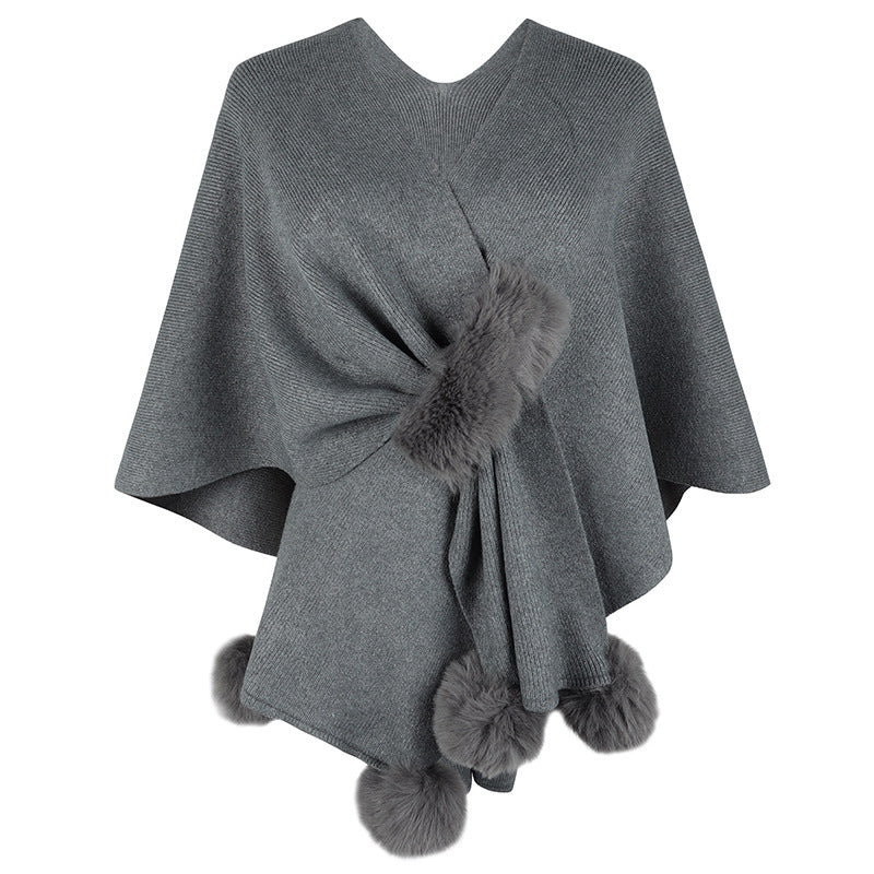 Pom Pom Knit Cape Sweater Shawl Cardigan for Women