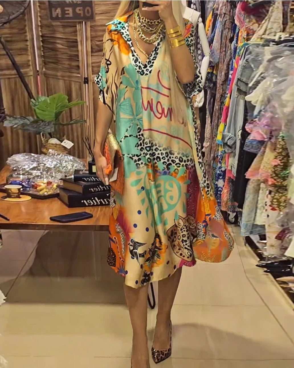Casual Leopard Print Deep V-Neck Dress