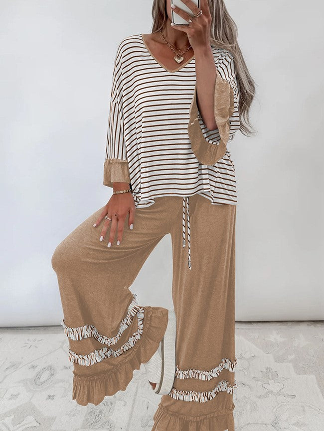 Women’s Striped Ruffle Sleeve Two-Piece Lounge Set – Casual Top & Wide Leg Pants