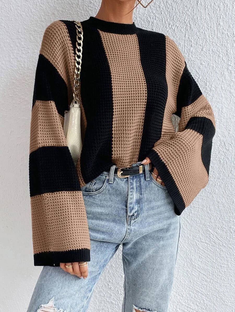 Striped Knit Sweater Women Crew Neck Pullover