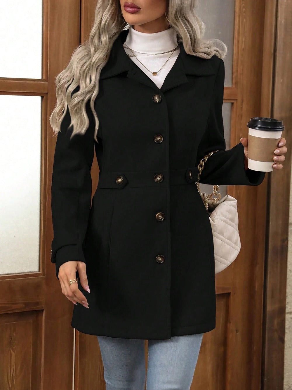 Tailored Lapel Button Wool-Blend Coat