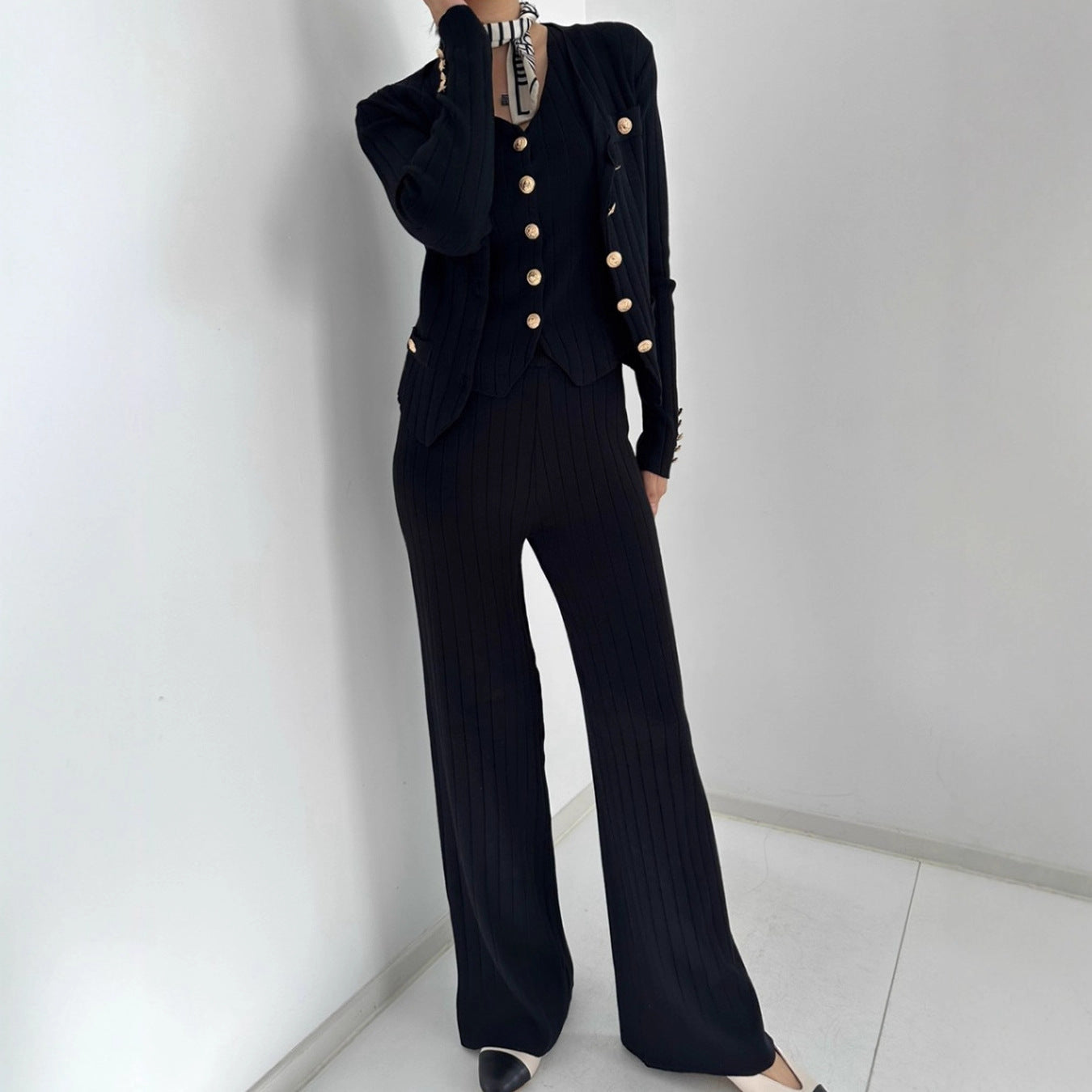 Ribbed Slim Fit Short Top and Pants Three-Piece Set