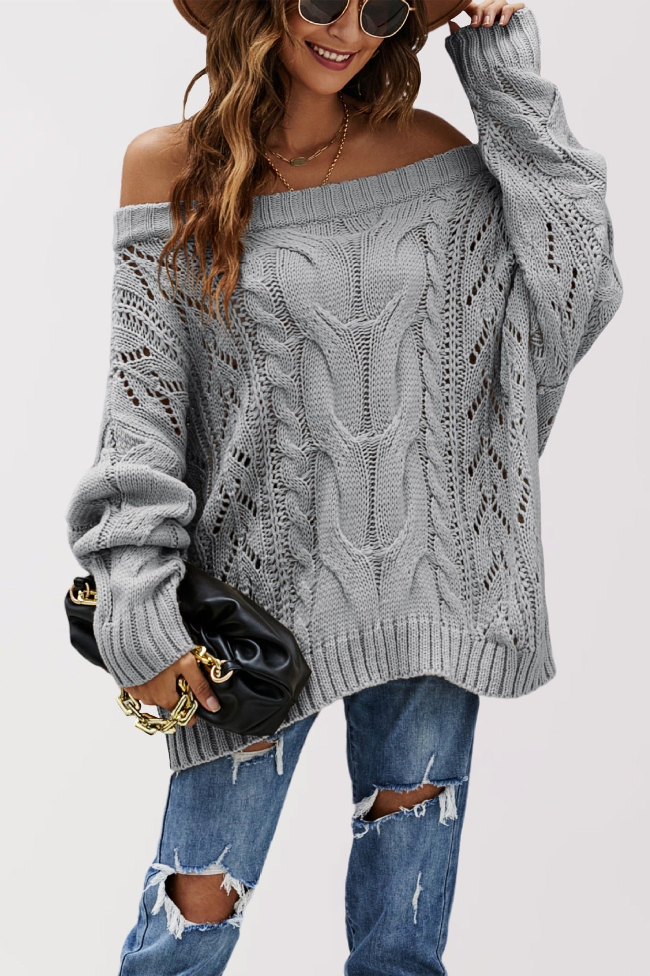 Off-Shoulder Relaxed Knit Pullover Sweater