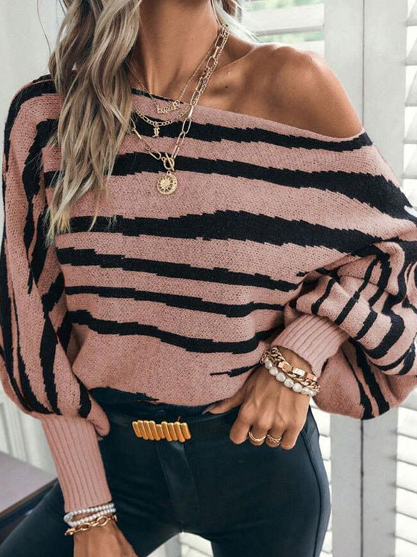 Loose Knit Zebra Pattern Off Shoulder Batwing Sweater