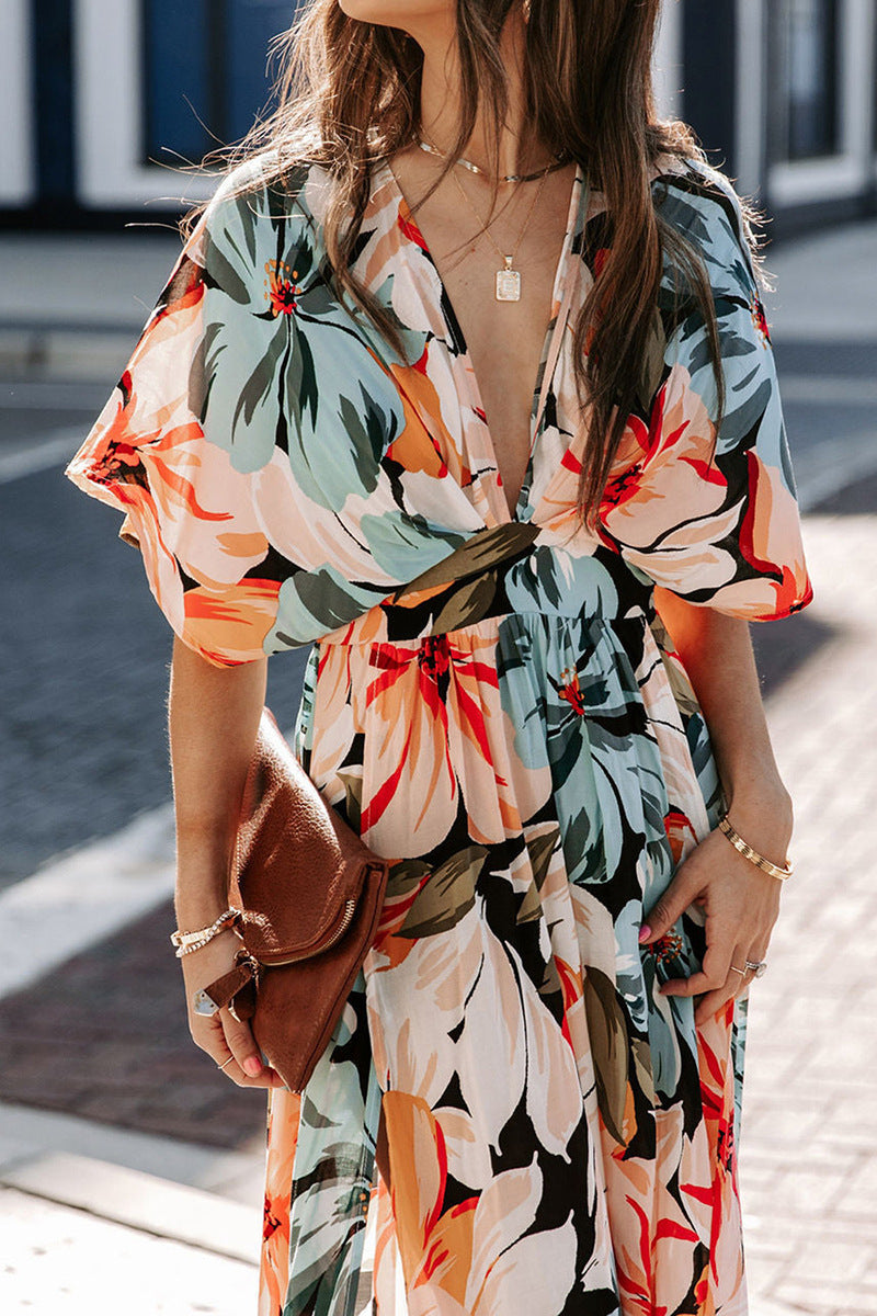 High Waist Printed Slit Maxi Dress