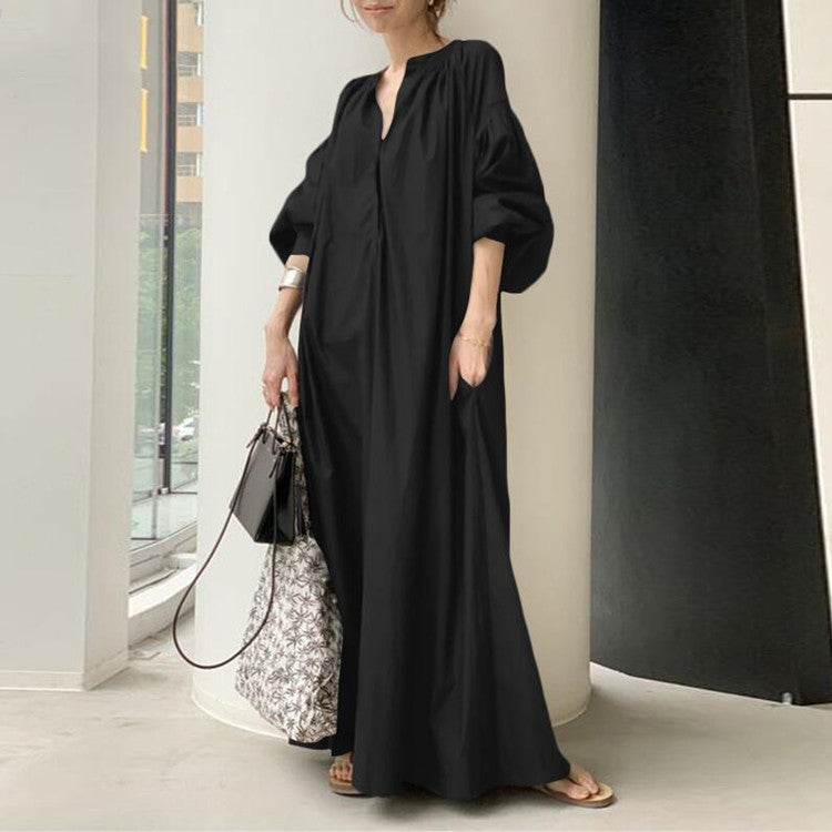 Cotton Lantern Sleeve Flowy Midi Dress