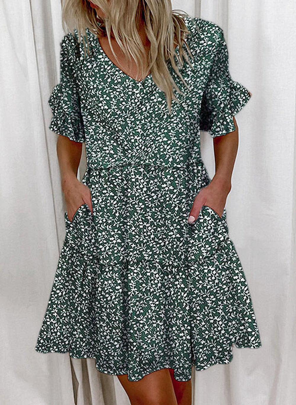 V Neck Floral Print Flared Midi Dress