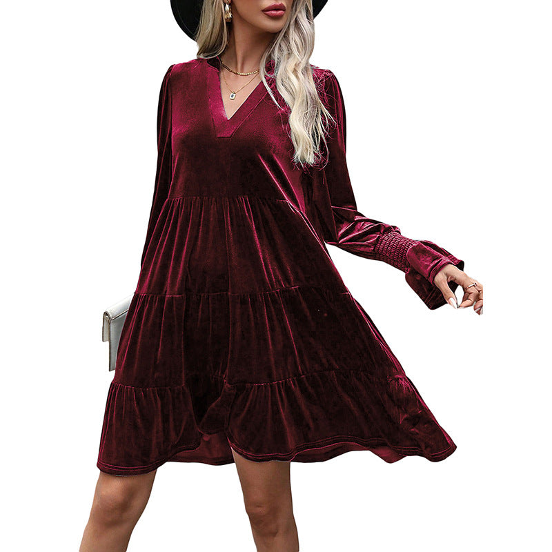 Velvet V-Neck Tiered Dress with Long Sleeves