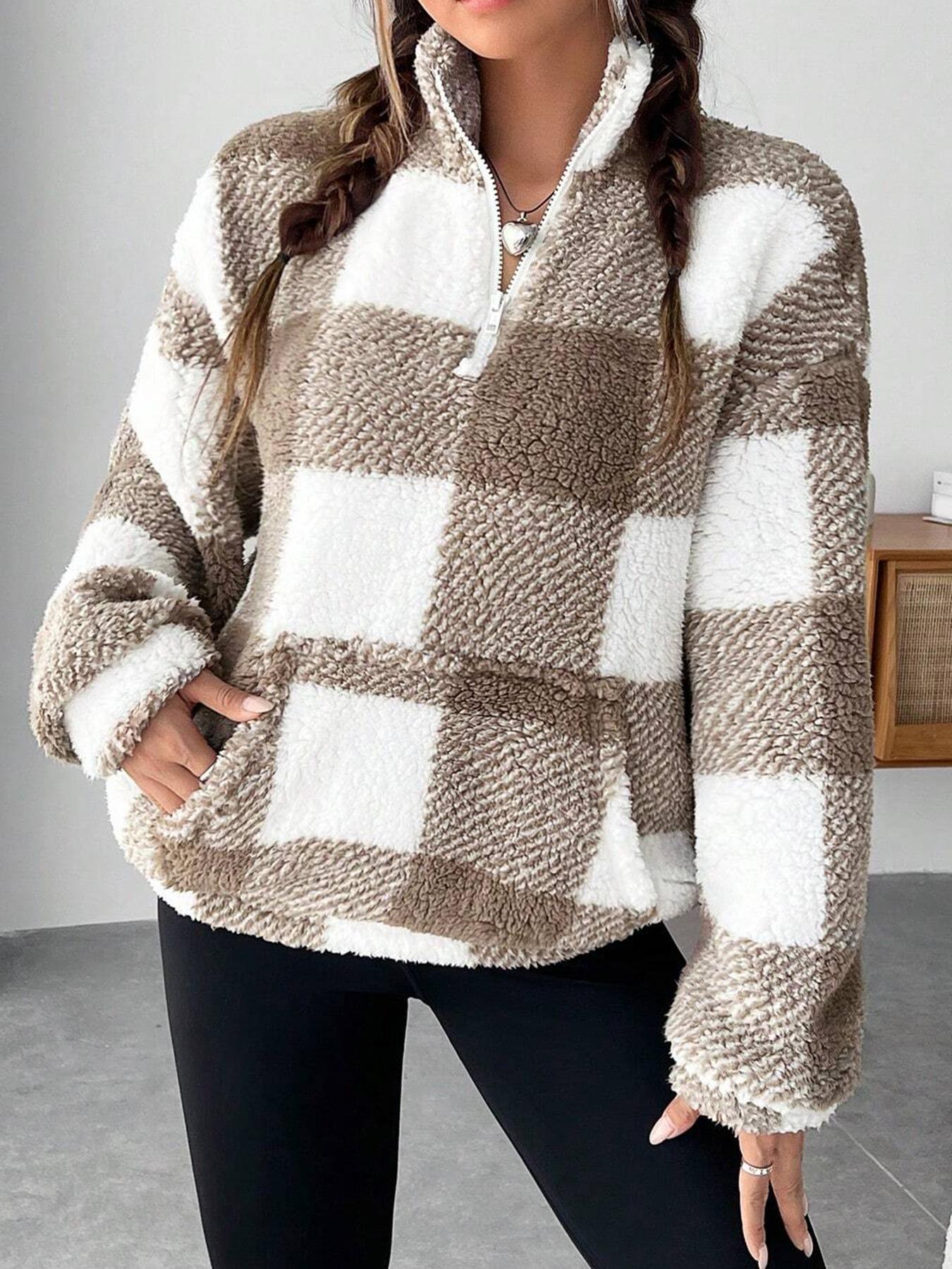 Plaid Half-Zip Fleece Cropped Sweatshirt