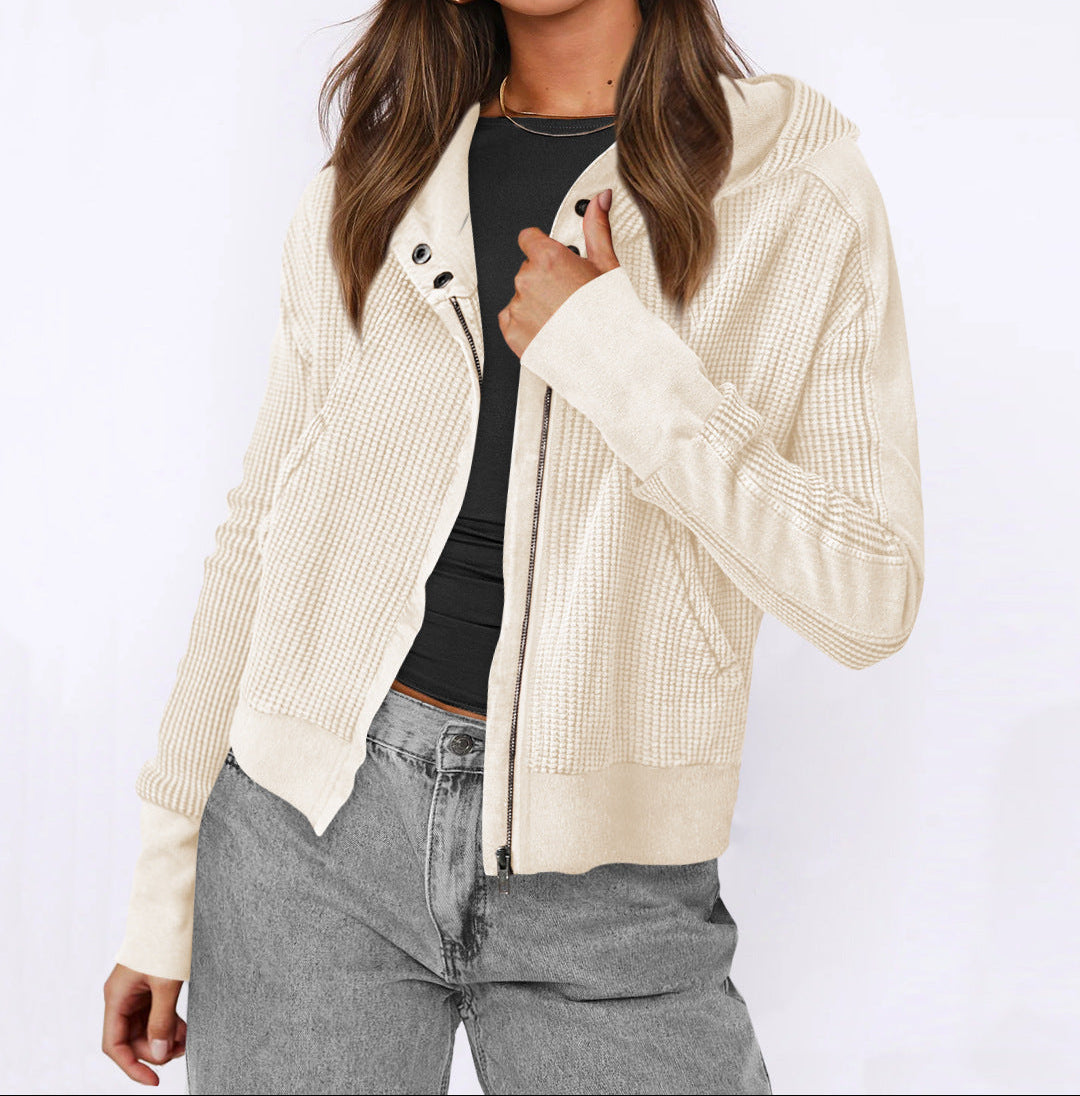 Zip Up Hooded Patchwork Knit Jacket