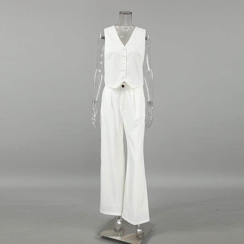 Linen Vest and Wide Leg Pants Two Piece Set