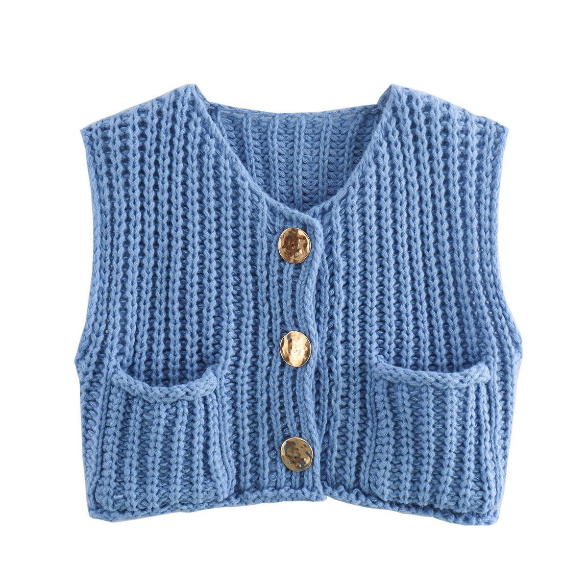 V-Neck Button Front Knitted Vest with Pockets