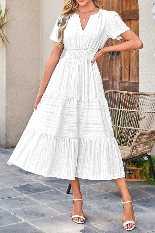 Women V Neck Ruched Puff Sleeve Swing Dress