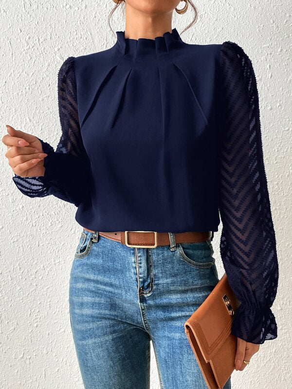 Chevron Sleeve Pleated Collar Blouse