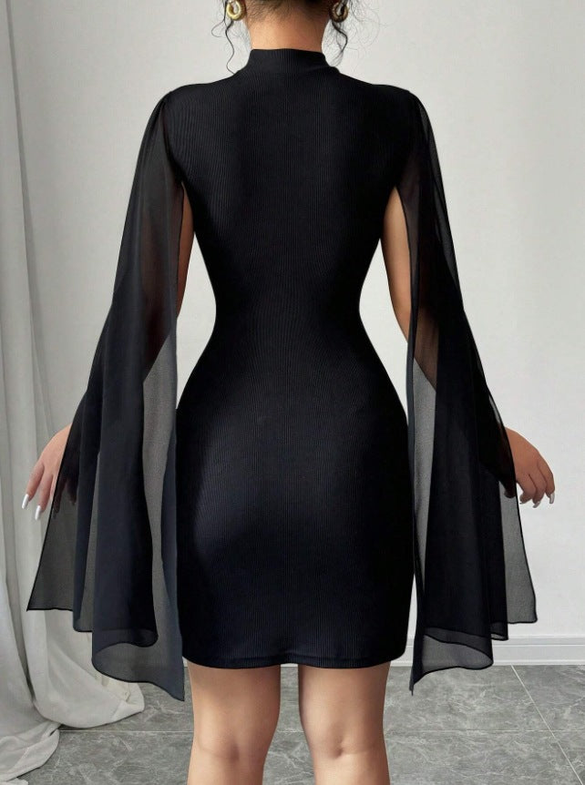 Round Neck Ribbed Chiffon Cape Bodycon Dress