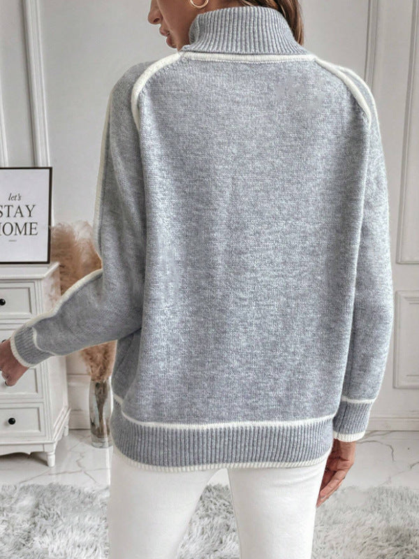 Loose Fit High Neck Long Sleeve Knit Sweater for Women