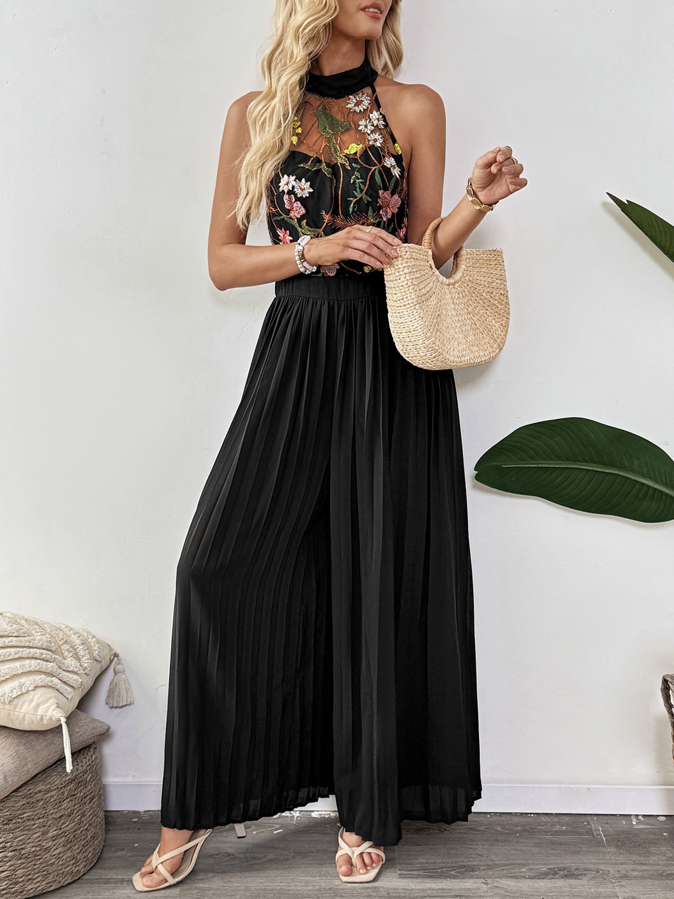 Women Lace Halter Wide Leg Jumpsuit