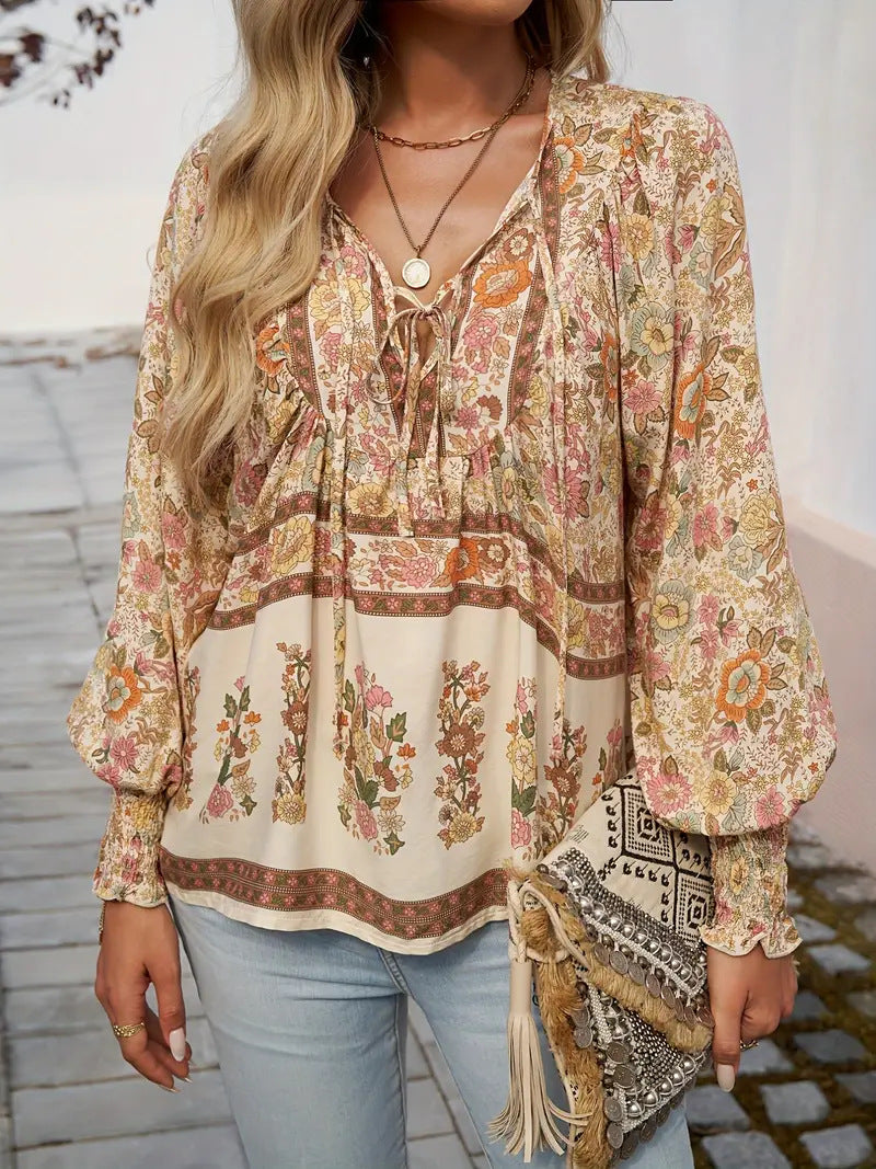 Boho Print V-Neck Tie Blouse