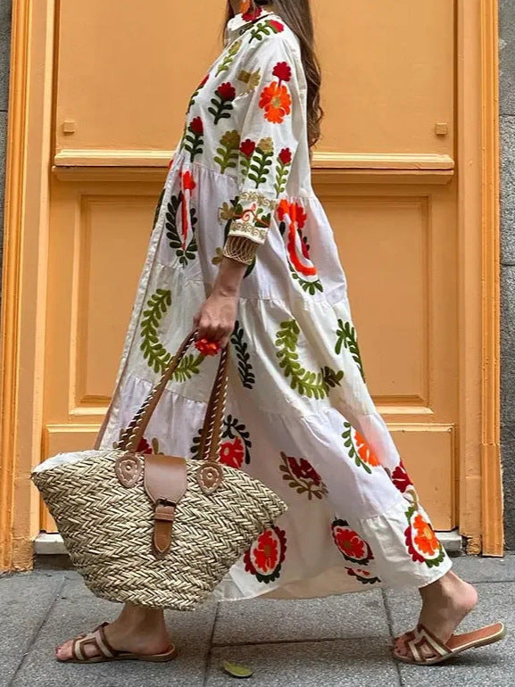 V Neck Printed Long Sleeve Street Style Dress