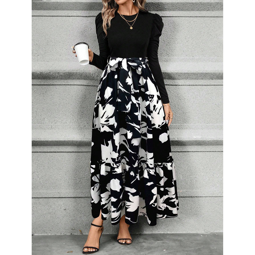 Floral Print Long Sleeve Dress with Belted Waist