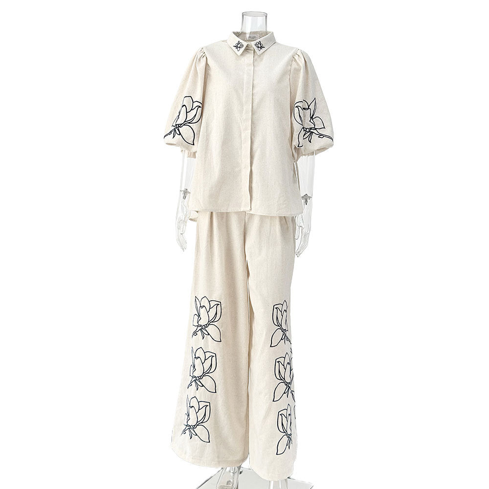 Embroidered Cotton Linen Wide-Leg Set