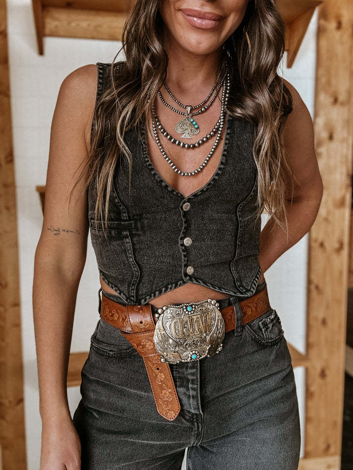 V Neck Button Front Denim Sleeveless Vest
