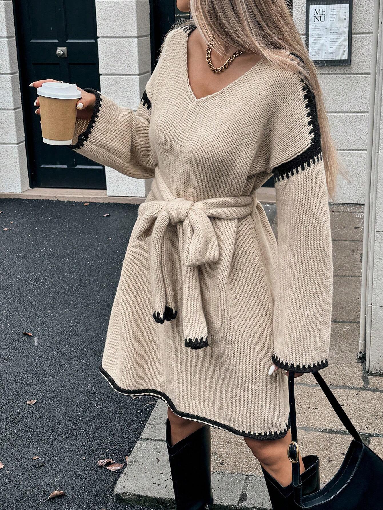 Relaxed V-Neck Knit Dress with Tie Waist