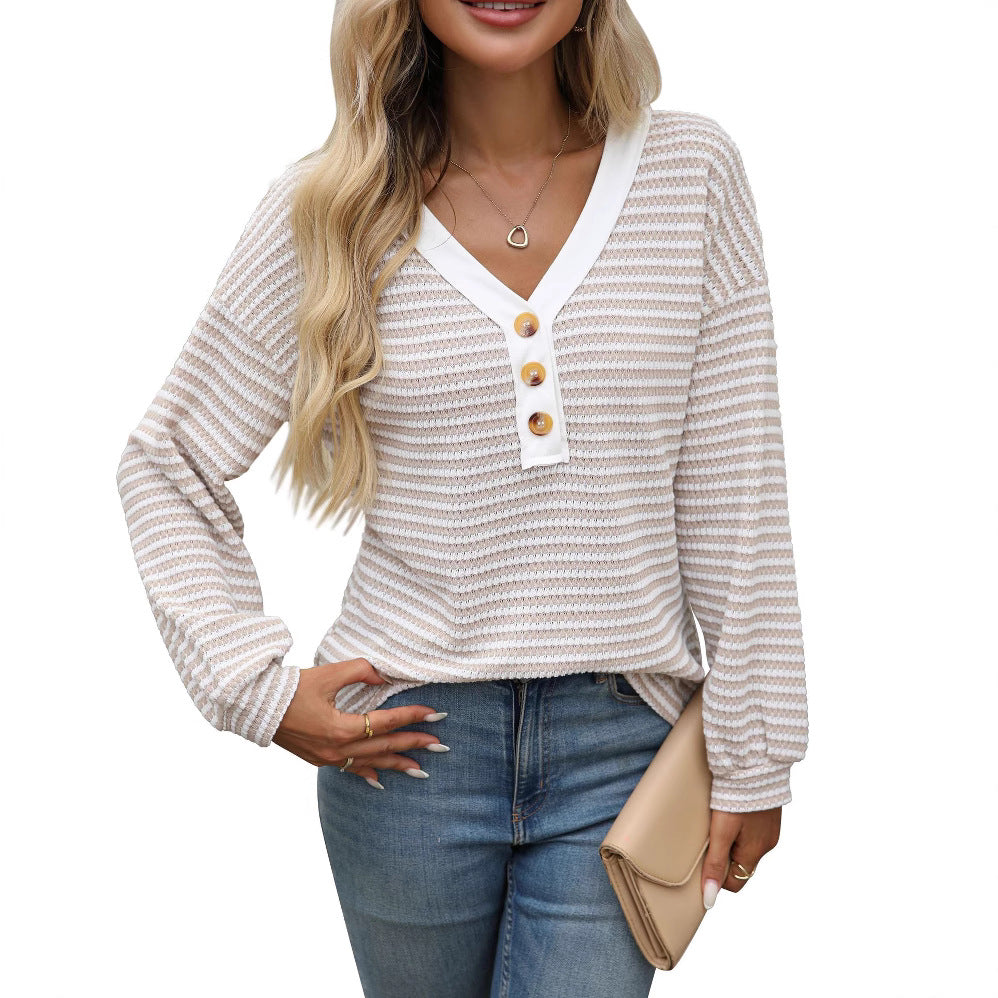 Striped Button-Up V-Neck Top