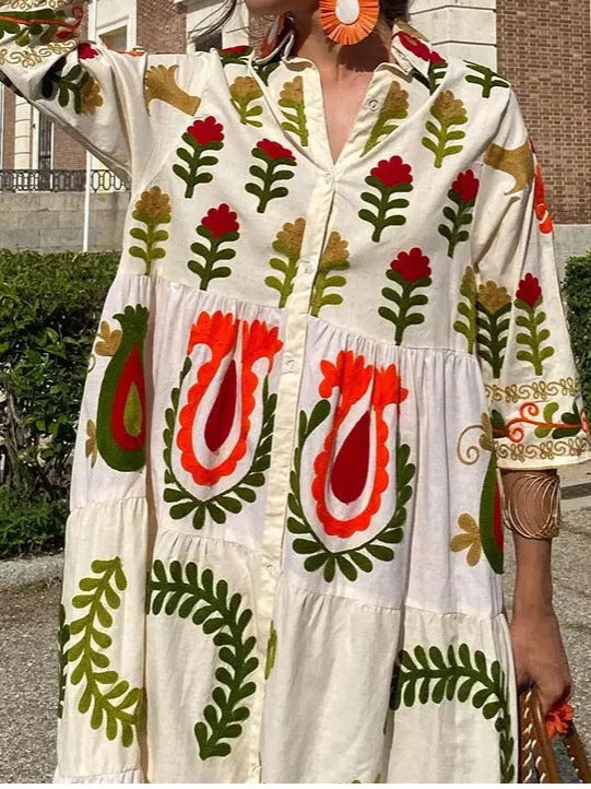 V Neck Printed Long Sleeve Street Style Dress