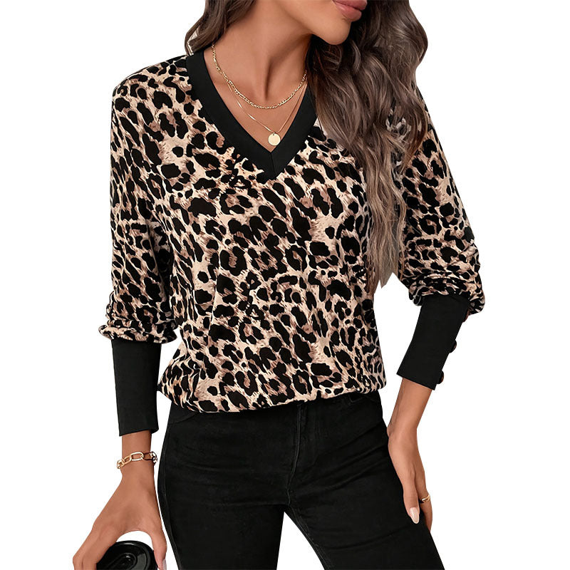 Leopard Print Long Sleeve V-Neck Top