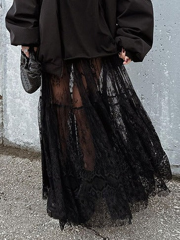 High Waist Lace Sheer Pleated Midi Skirt