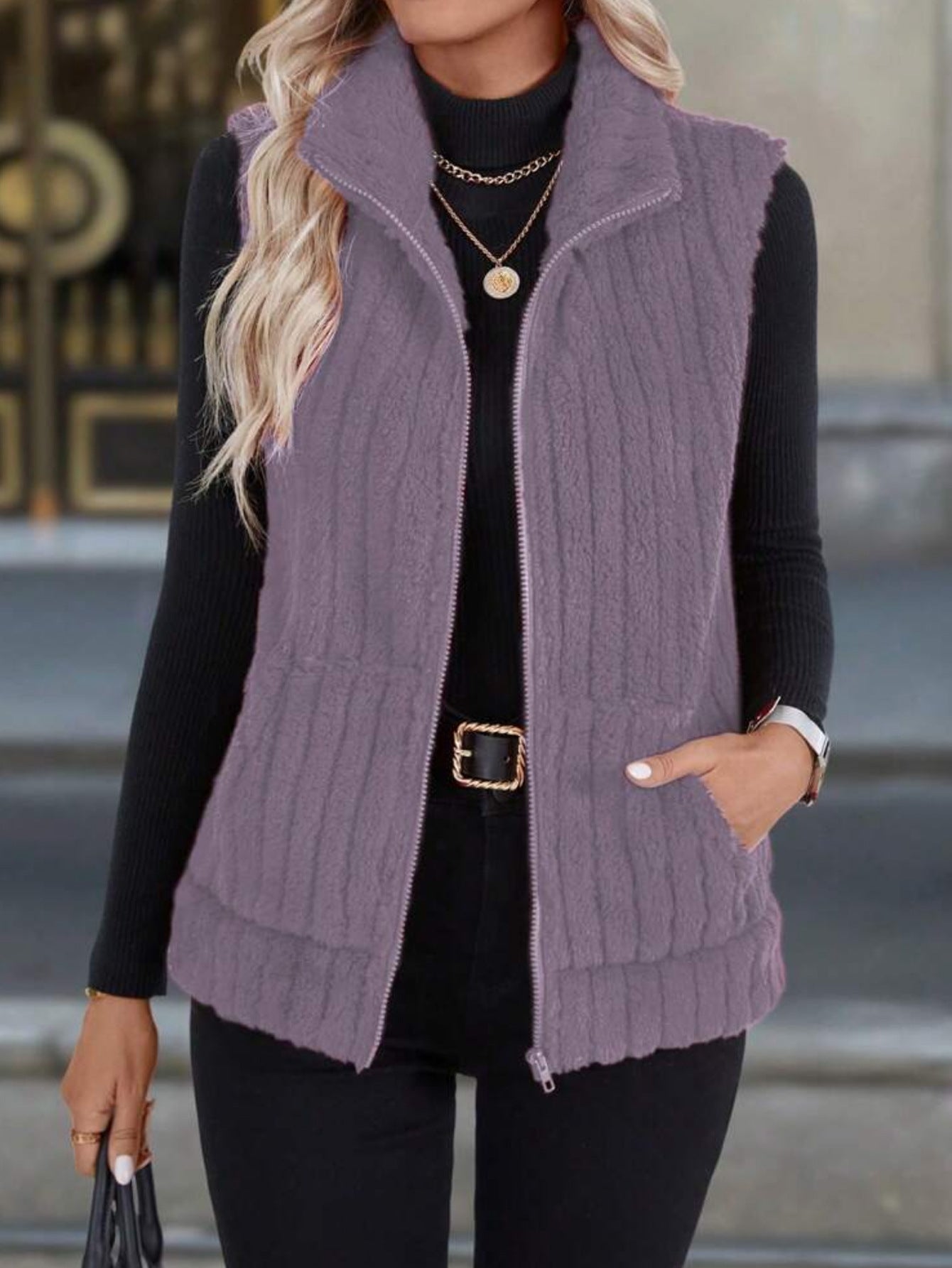 Plaid Zip-Up Fuzzy Vest with Pockets