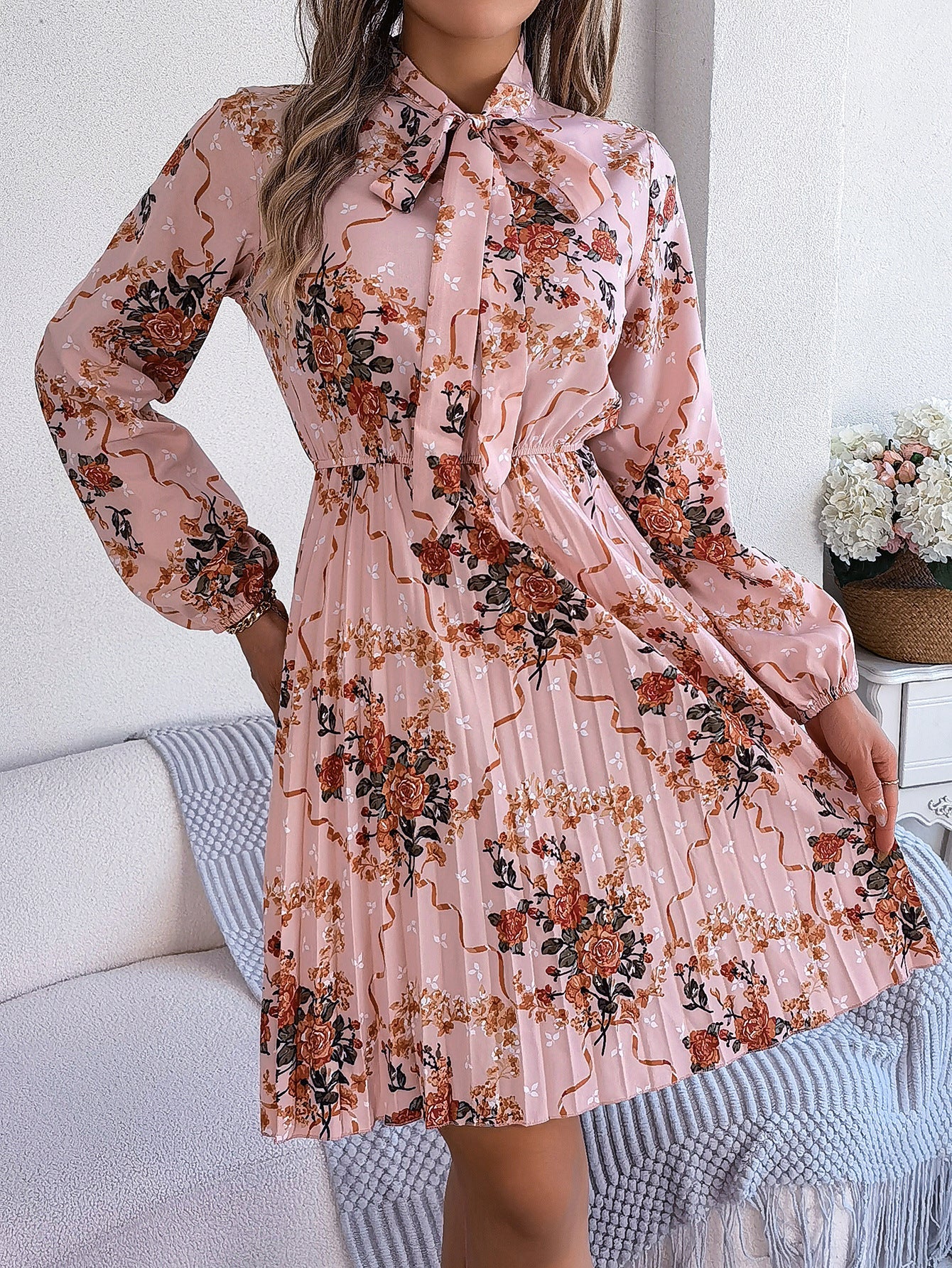 Floral Tie Waist Pleated Long Sleeve Dress